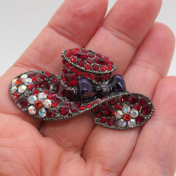 Red Rhinestone Hat Brooch Purple Enamel Bow Clear Flowers 2" Pin Gunmetal Gray - Picture 6 of 7